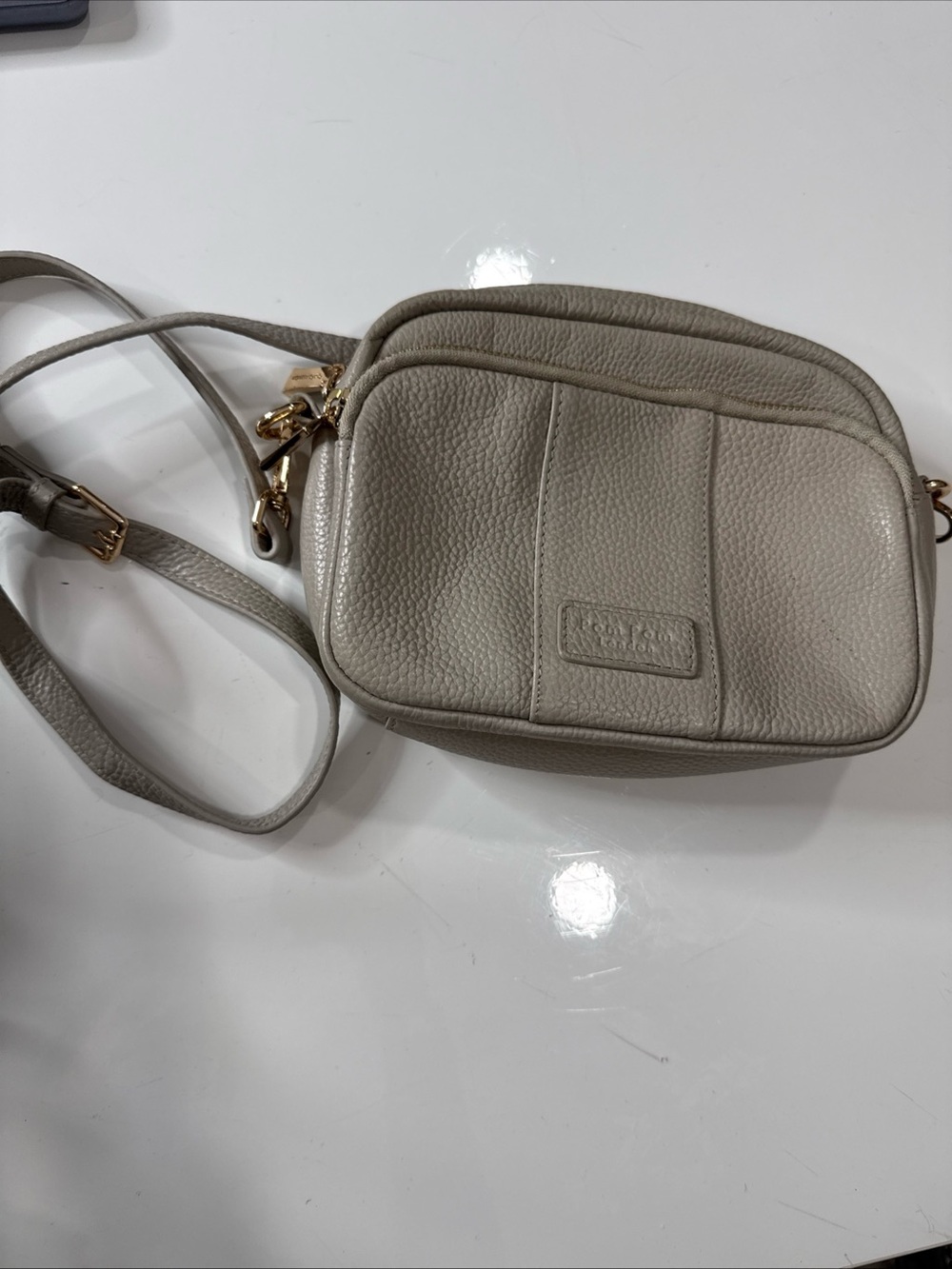 Pom Pom London Pebbled Leather Crossbody Bag Beige Small Zip Adjustable Strap